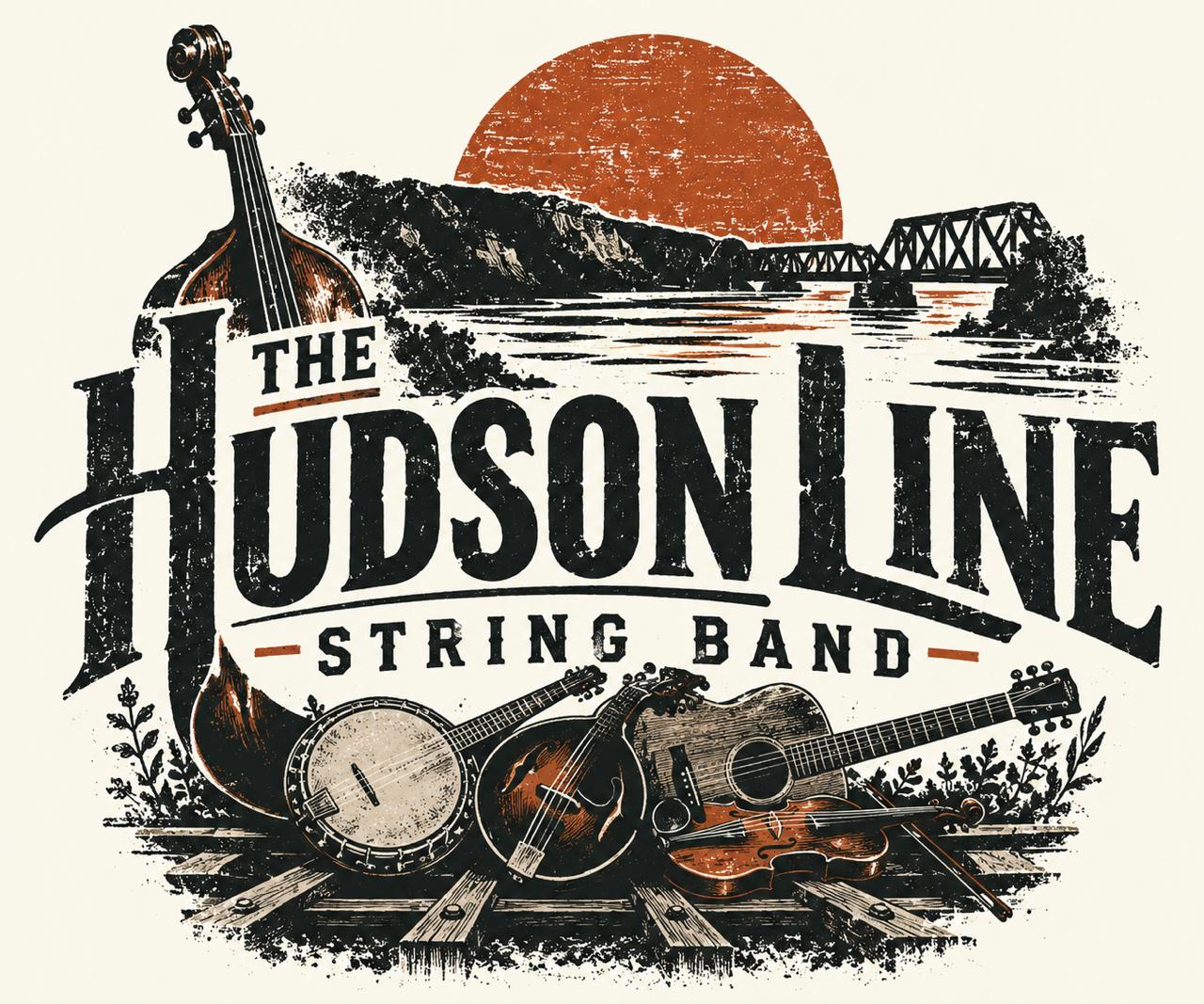Hudson Line String Band artwork with upright bass, banjo, mandolin, guitar, and fiddle